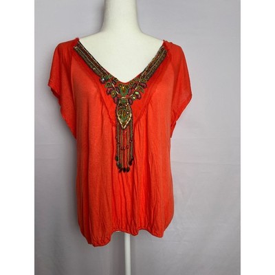 Boho Beaded Flutter Sleeve Top Eclecticcore Red Rayon Festival Blouse Women L 