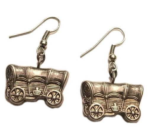 Vintage Pewter Tone Covered Wagon Prairie Schooner Small Oklahoma Drop Earrings