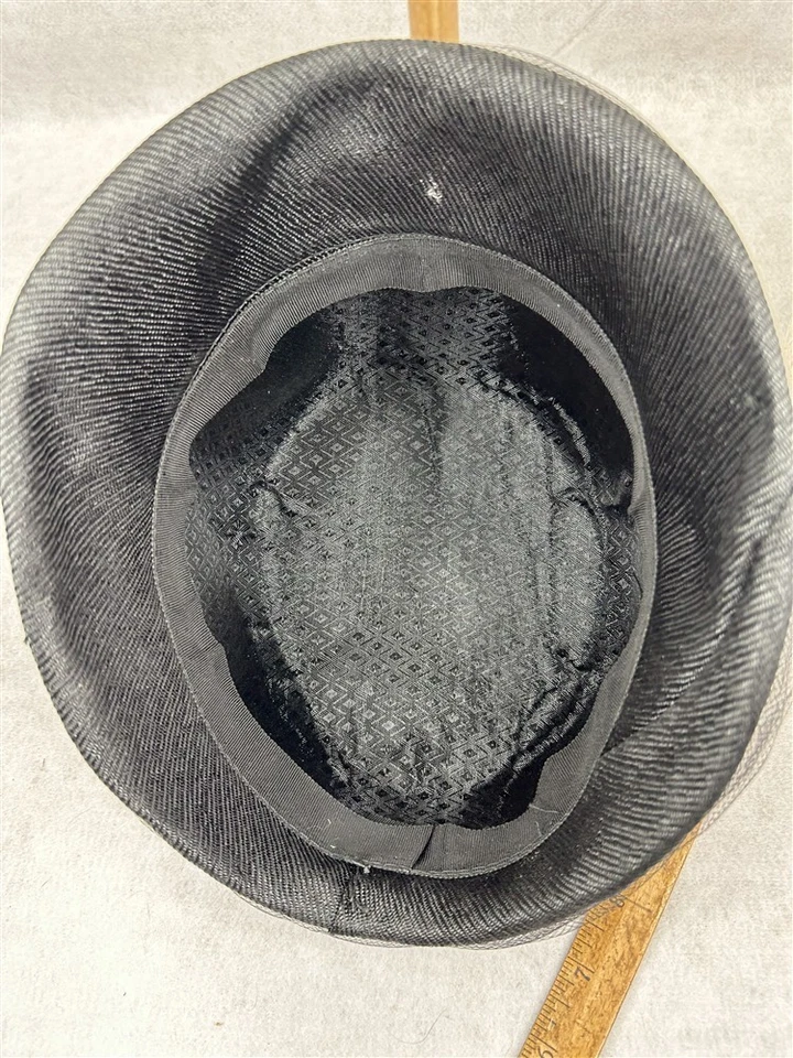Sombrero antiguo negro paja/gasa red cubo mujer 22,5 interior finales 1940-1950 Foto 4 de 4