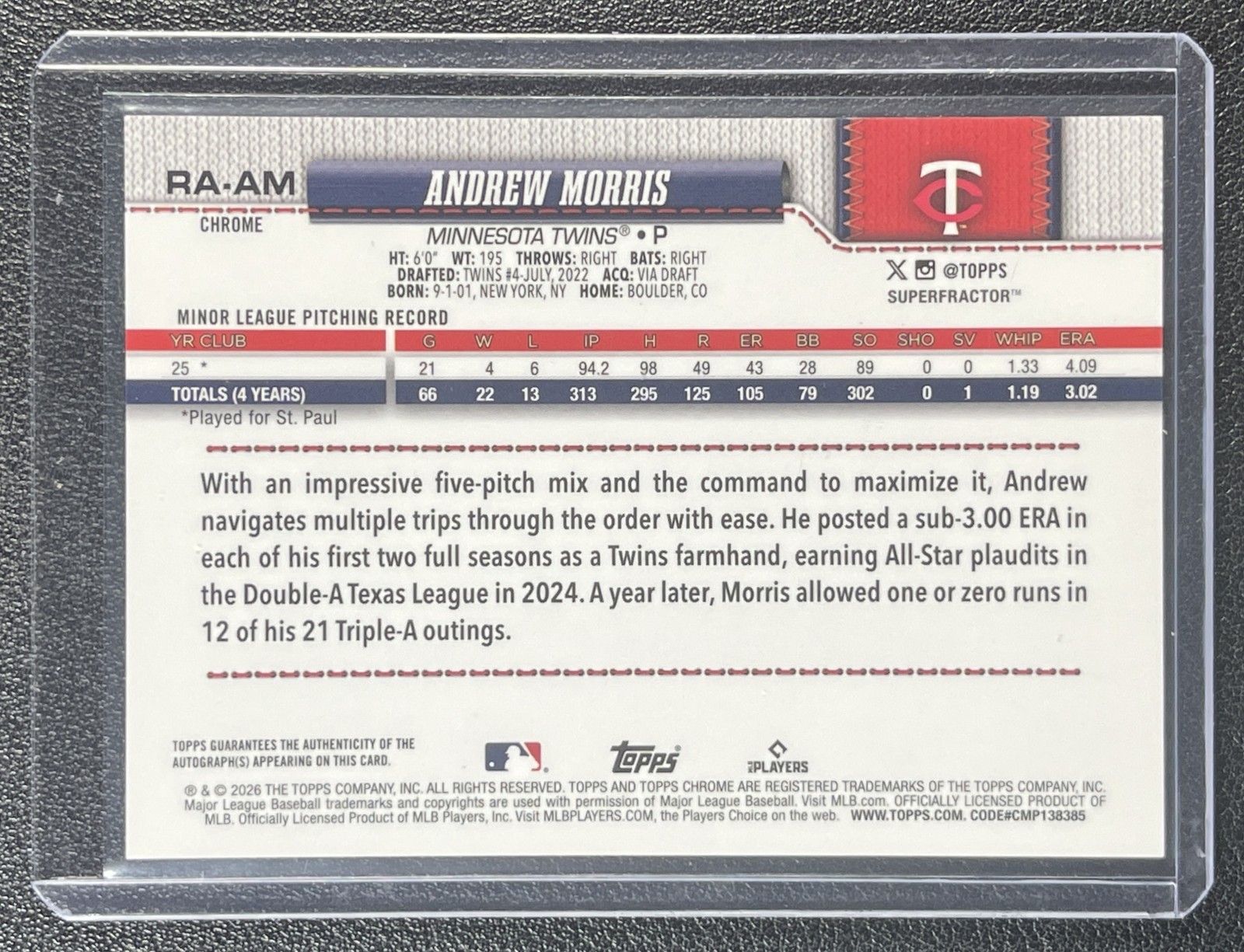 1/1 ANDREW MORRIS 2026 TOPPS CHROME #RA-AM ROOKIE SUPERFRACTOR AUTO RC 1/1 TWINS view 2