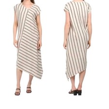 Tahari Asymmetrical Stripe Midi Dress Women's Medium Linen Blend V Neck