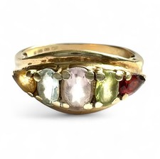 Multi Gemstone Ring - Solid 9ct Gold - Vintage - Size P - Unique Gift