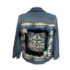 Christian Denim Jacket Womens XL Religious Church Pastor Patchwork Art Upcycled