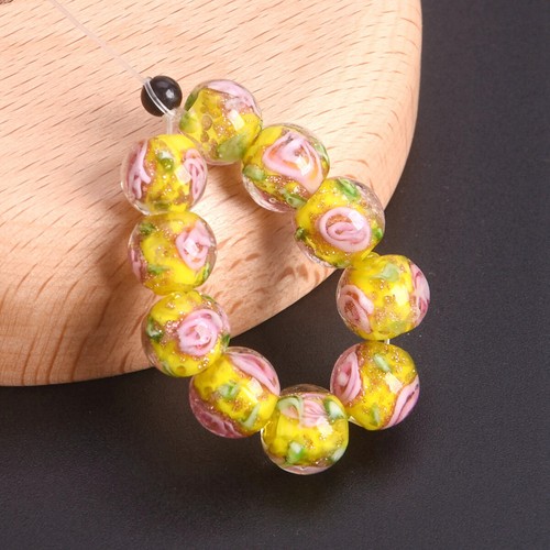10pcs 8mm Round Golden Foil Flower Handmade Lampwork Glass Loose Beads - Picture 10 of 16