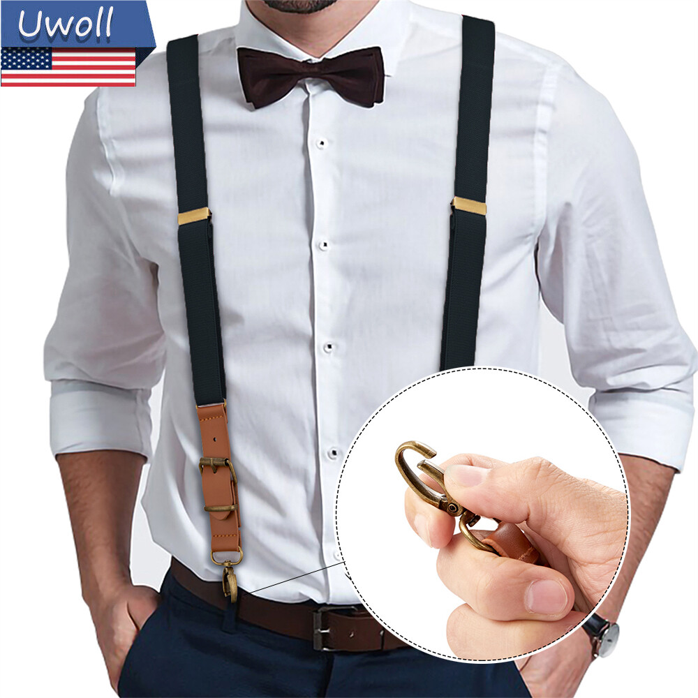 Adjustable Mens Y Back Suspenders Leather Elastic Y-Shaped Elastic Straps  Hooks