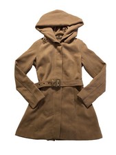 Joujou Women Camel Tan Wrap Belted Coat With Zipper Size M- Winter Large Hood
