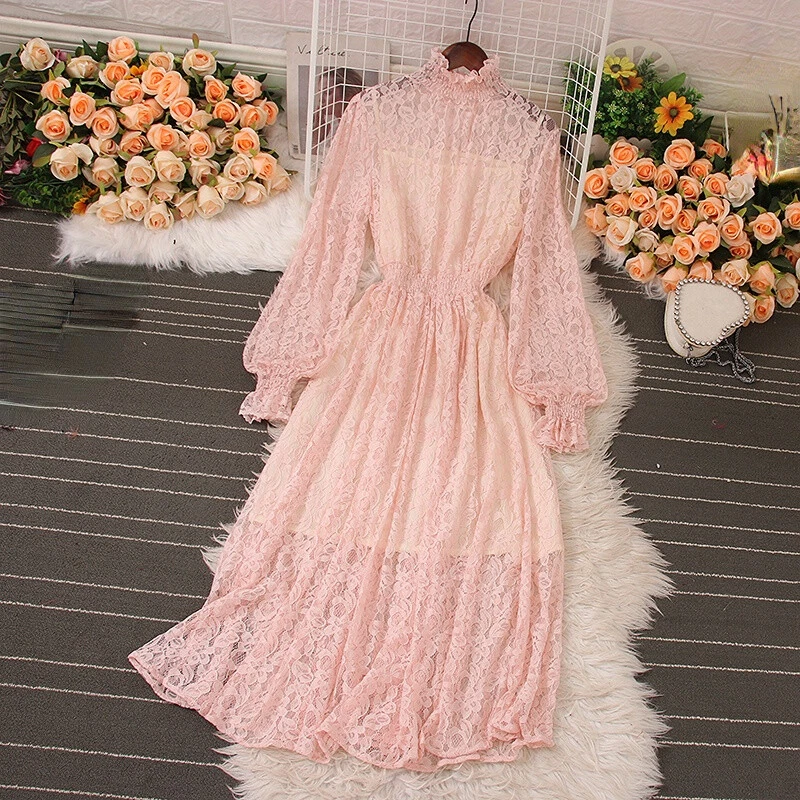 OFF WHITE Abito da donna in pizzo vita lunga ricamo floreale manica lunga alta abito a linea