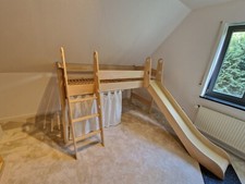 PAIDI Hochbett mit schräger Leiter und Rutsche in Birke Massivholz + Matratze 