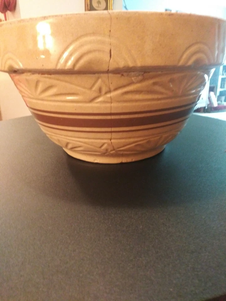 "Antique PRP, CO., Toledo, Ohio #365 12" Yellowware W/Brown Bands Mixing Bowl" - Image 2 of 4