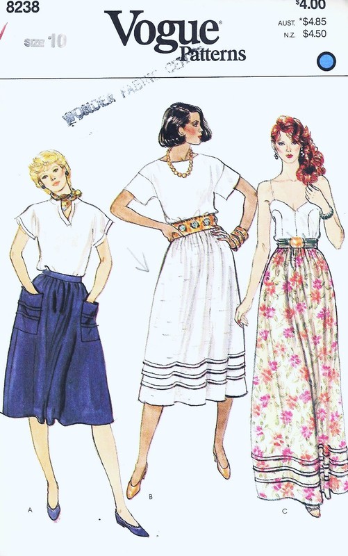 Vogue Pattern 8238. Sz 10 Skirt in 3 lengths. Tucked Hemline. Patch Pockets