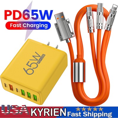 65W USB-C PD Fast Wall Charger & 3 in1 Cable For Android Samsung Cell Phone
