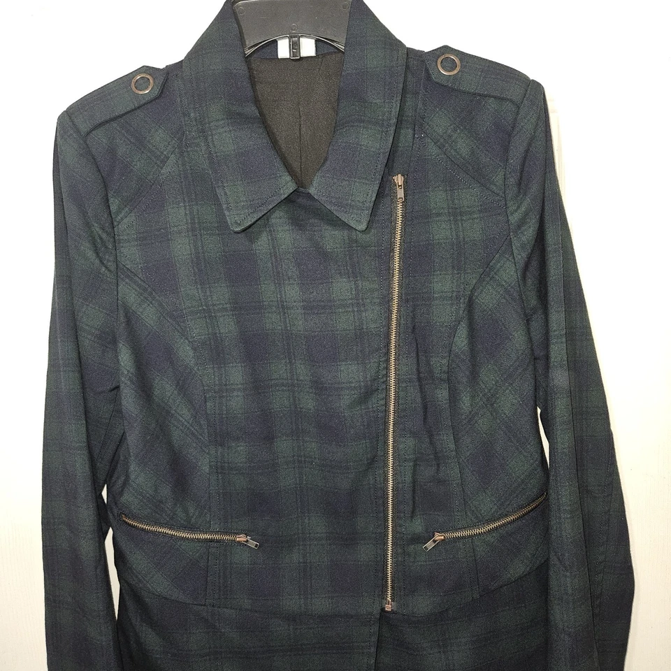 Cabi Moto Jacket Women's 8 Navy & Green 3181 Tartan Plaid Asymmetrical Academia - Image 2 of 4