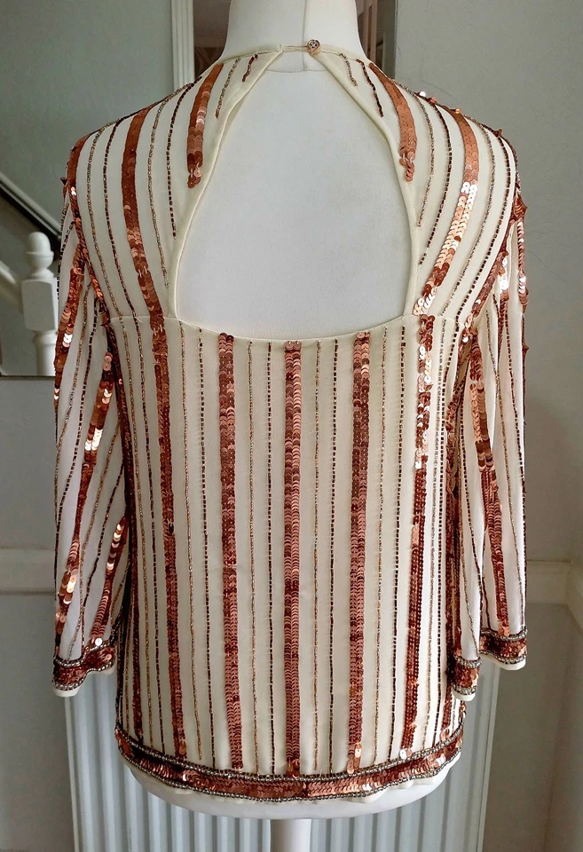River Island Size 10 Cream Rose Gold Sequin Beaded Diamante Evening Top Cruise - Image 4 of 4