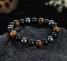 Tiger Eye Black Obsidian Hematite 10mm Beads Triple Protection Stretch Bracelet