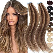 CLEARANCE Tape In 100 Real Human Hair Extensions Russian Skin Weft Highlight US