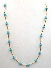 14K YELLOW GOLD BAR  BALL BLUE BEADED STATION 18'' NECKLACE ESTATE BEADS