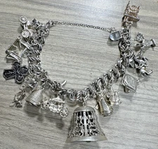 Heavy Silver Charm Bracelet 2.33 Oz Slipper Carriage Bell London Bridge Crown