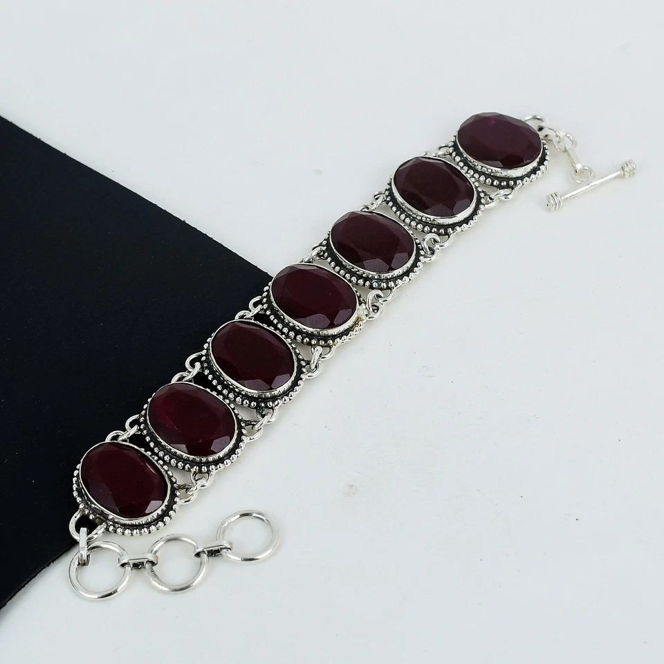 Elegant Ruby Gemstone Bracelet 925 Sterling Silver Party Wear Jewelry For Gifts - Image 3 of 4