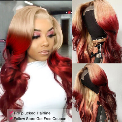 ✨MECCA C 22” RED BODY-WAVE OMBRÉ LACEFRONT WIG NEW Omber Colored Layered Cut Body Wave Human Hair Wigs | Ready  main image 2