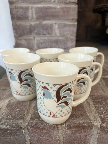 Vintage Arcopal France Milk Glass Rooster Mugs Set Of 6 Cottagecore Farmhouse