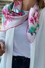 Floral Soft Square Silk Scarf, Pink Green Scarf, Multicolor Print Wide Head Wrap