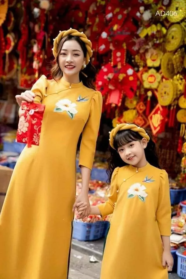 Vietnamese dress ao dai cach tan asian size xL new dress yellow mommy only