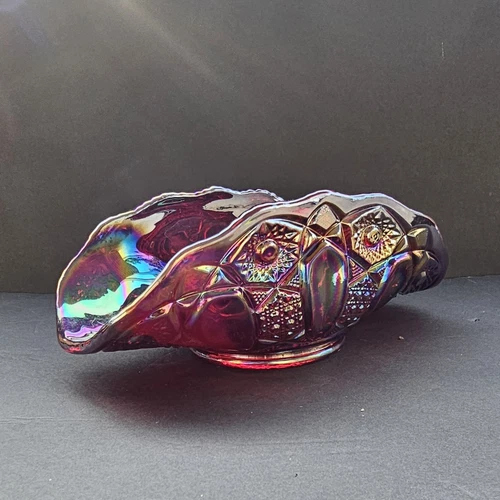 LE Smith Ruby Red Carnival Glass Folded Decorative Vintage Bowl