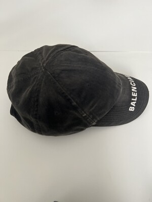 BALENCIAGA Logo Gray Baseball Cap Hat Black Adjustable Size L Used
