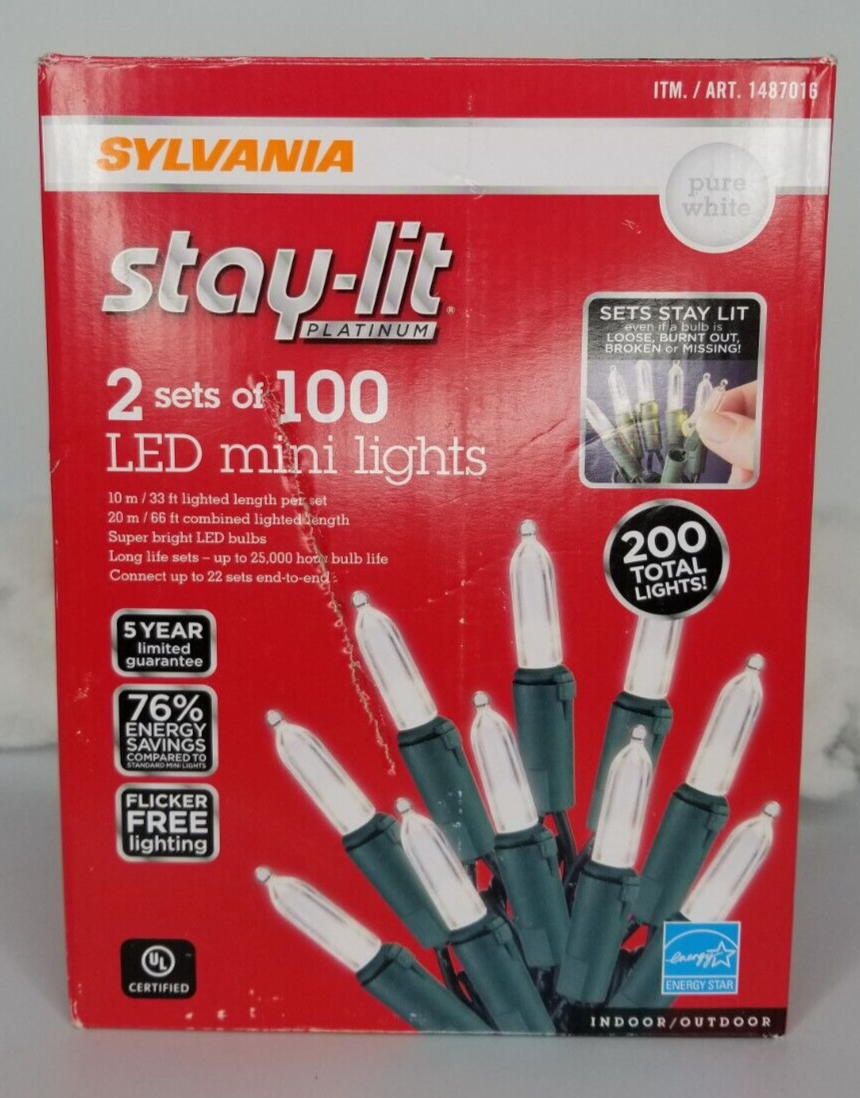 Sylvania StayLit Platinum 2 Sets of 100 LED Mini Lights Pure White