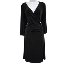 Travelers by Chicos M 8 Slinky Black Faux Wrap Style Midi Dress 3/4 Sleeves Deep