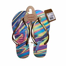 Havaianas Women s 7/8 Multicolor With Gold Straps Flip Flops. NWT.