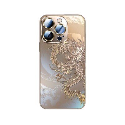 For Apple 16/15/14/13/12 Plus Pro Golden Dragon Pattern Phone Case+Tempered Film