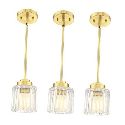  Mini Glass Pendant Lights, Modern Hanging 3 Pack Brushed Gold with Rod