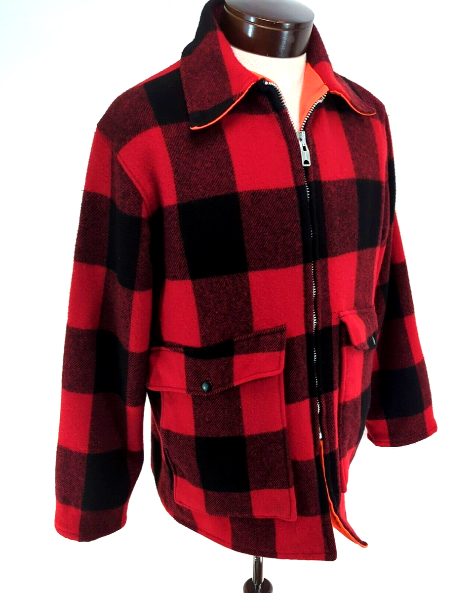 Vtg WOOLRICH Reversible Buffalo Plaid Mackinaw Orange Hunting