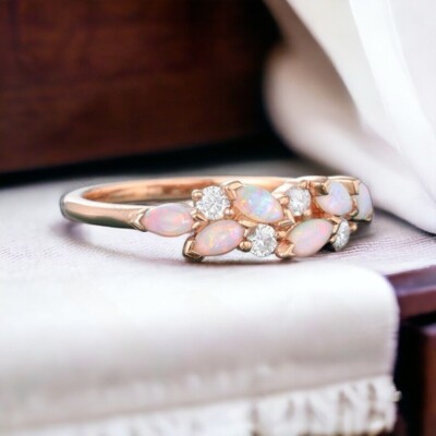 22K Gold Plated Sterling Silver Natural Opal Marquise Cut Anniversary Ring Gift
