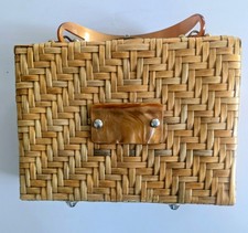 Old Vintage Wicker Basket Lucite Handle Brass Fittings Hand Bag Purce 1940/ 50s