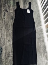 Forever 21 NWT Womens Black Midi Dress Sleeveless Square Neck Bodycon Side Slit