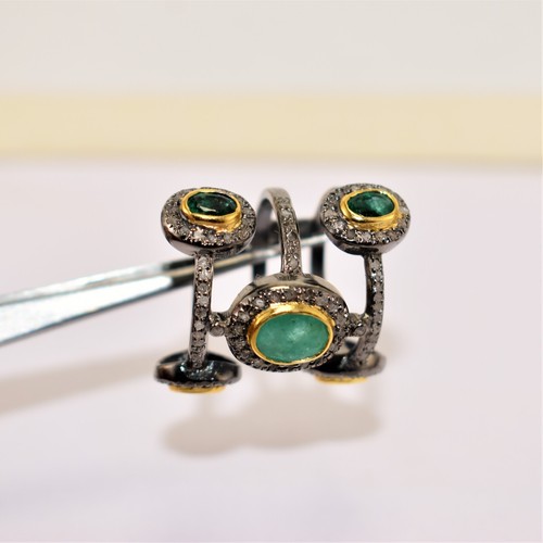 Anello Pave Diamante con Pietra Preziosa Smeraldo, Anello in Argento... - Foto 3 di 7