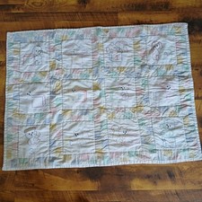 VTG MCM Cross Stitch Hand Made Quilted Baby Blanket 33x44.5" Animals Block READ