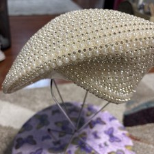 Vntg Jack McConnell Ivory Red Feather Pearls Stones Swarovski Crystals Beret Hat