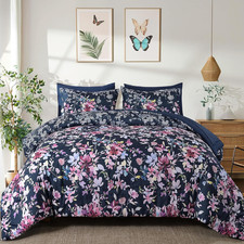 Navy Blue Comforter Set Queen Size, 7 Piece Floral Bedding Comforter Sets, Bed i