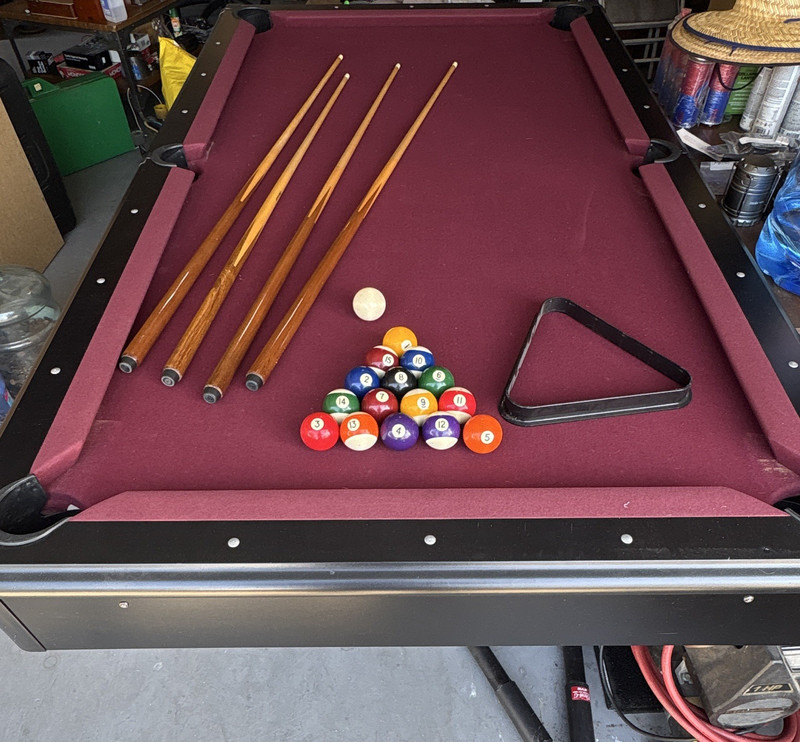 Pool/Billiard Table Burgundy Felt w/ 1 good Cue Sticks Ball Set & Triangle Rack