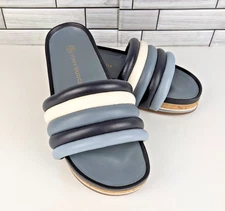 Tory Burch Quilted Flatform Sandals Womens 8 Navy Ivory Light Blue Slides 87668