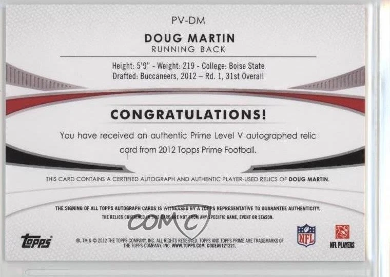 2012 Topps Prime Level V Auto Relics /780 Doug Martin #PV-DM Rookie Auto RC - Image 2 of 2