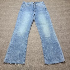 Express Jeans Womens 4R Blue Medium Wash Cropped Flare High Rise Raw Hem Denim