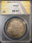 1896 P morgan silver dollar ANACS MS 63 Some Rim Rainbow Toning