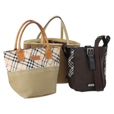BURBERRY Nova Check Black Blue Label Bag Nylon Canvas 3 Set Brown Auth ti3481