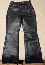 Women Sheepskin Leather Lace Up Pant W/28 Black Straight Fit
