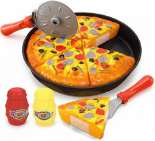 11 PCS Pizza Party Toy Play Set for Kids, Pizza Pie Pretend Play Food - Slice an