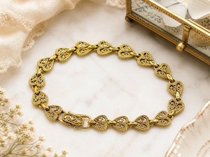 Authentic Vintage Gold Plated Filigree Heart Link Bracelet Romantic Cottagecore 7.5”